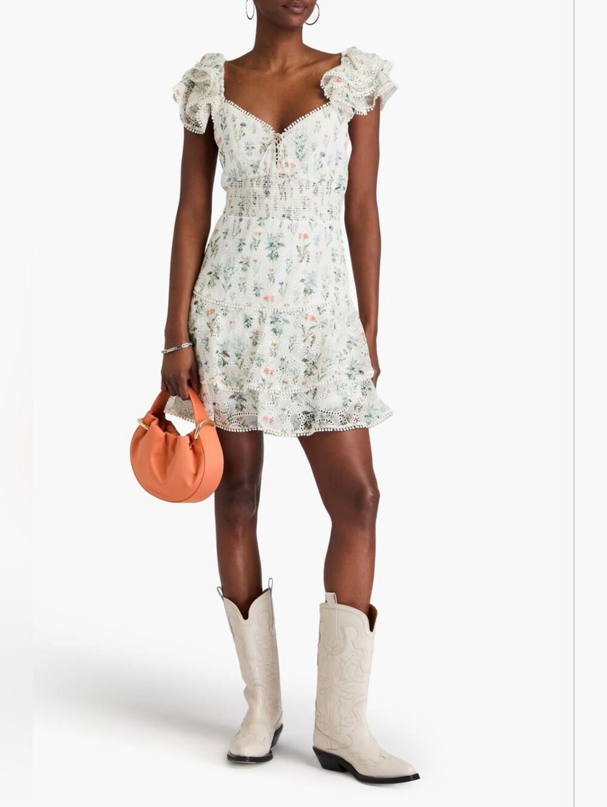 Alice + Olivia White Floral Eyelet Ruffle Mini Dress